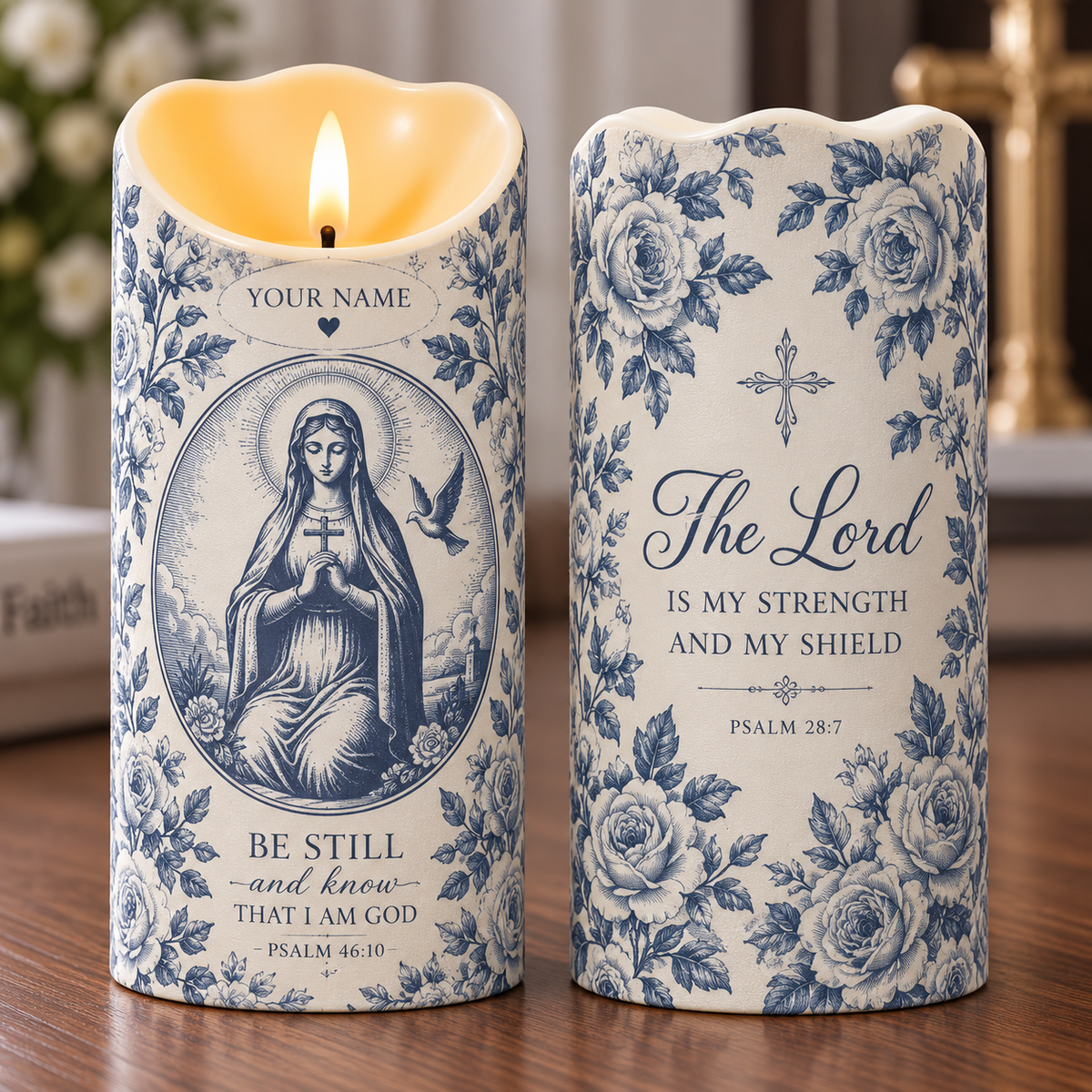 Personalized Virgin Mary Blue Rose Flameless LED Candle
