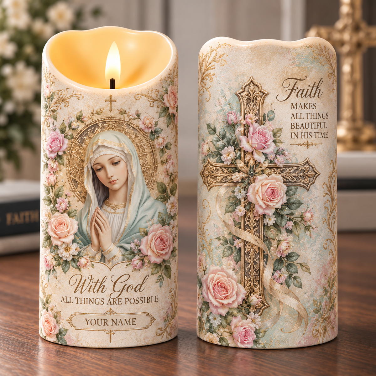 Personalized Virgin Mary Rose Cross Flameless LED Candle