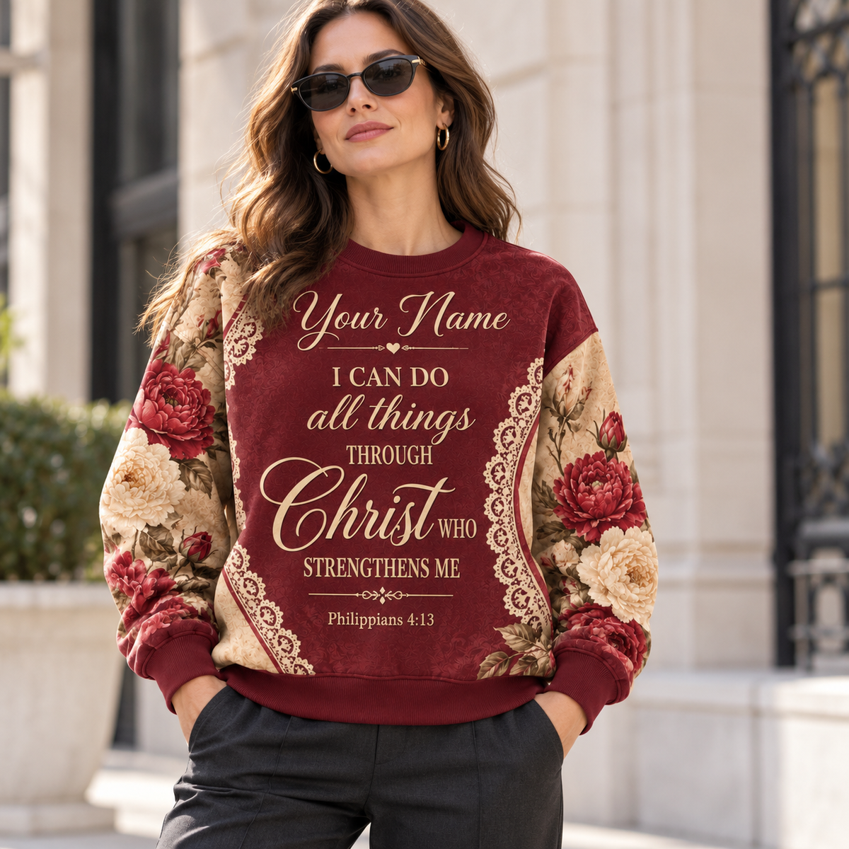 Personalized Burgundy Floral Lace Sweatshirt