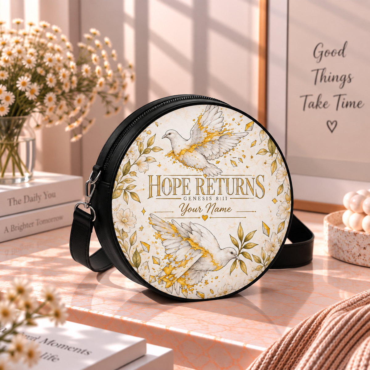 Personalized Hope Returns Doves Leather Round Bag