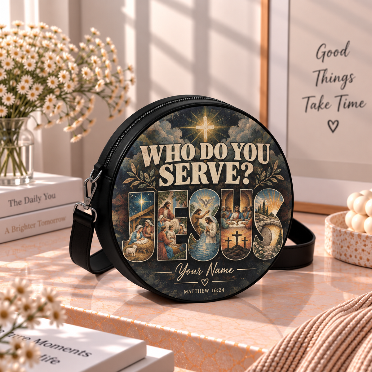 Personalized Who Do You Serve Jesus Leather Round Bag