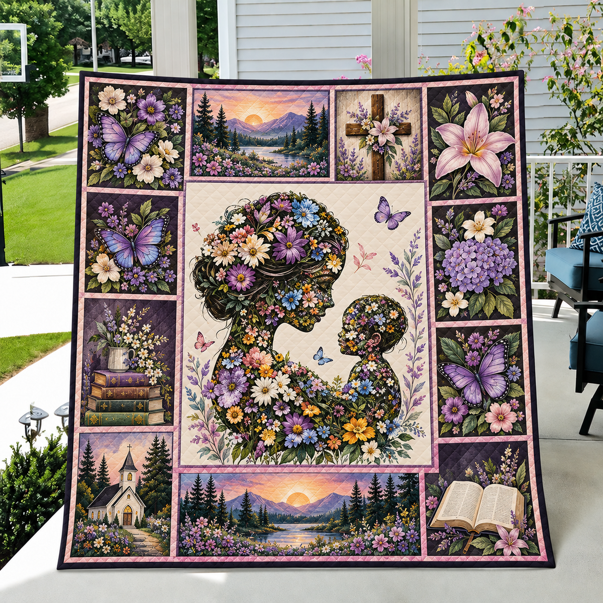 Floral Mother And Child Silhouette Quilt
