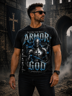Put On the Full Armor of God T-Shirt – Ephesians 6:13 Electric Blue Knight Dark Fantasy All-Over Print Christian Shirt