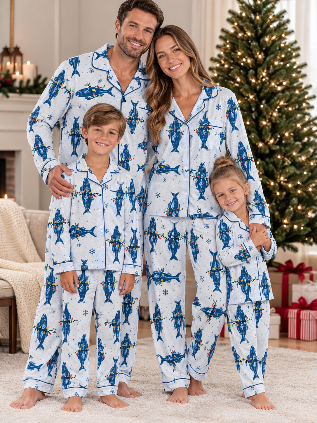 Christmas Lights Sharks Family Ice Silk Pajamas