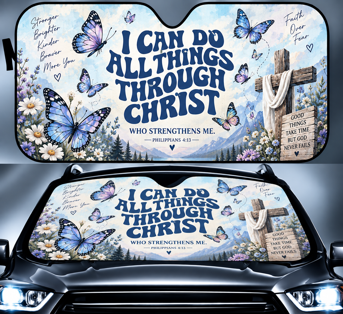 I Can Do All Things Through Christ Butterfly Car Sun Shade