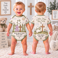 Front and back baby bodysuit with white lamb, FAITH letters, flowers and cross