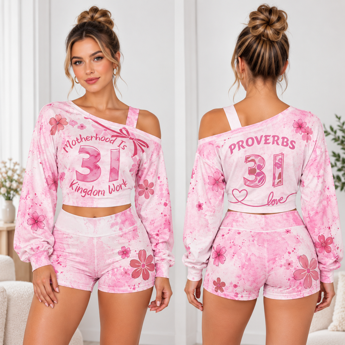 Motherhood Is Kingdom Work One-Shoulder Top And Shorts Set