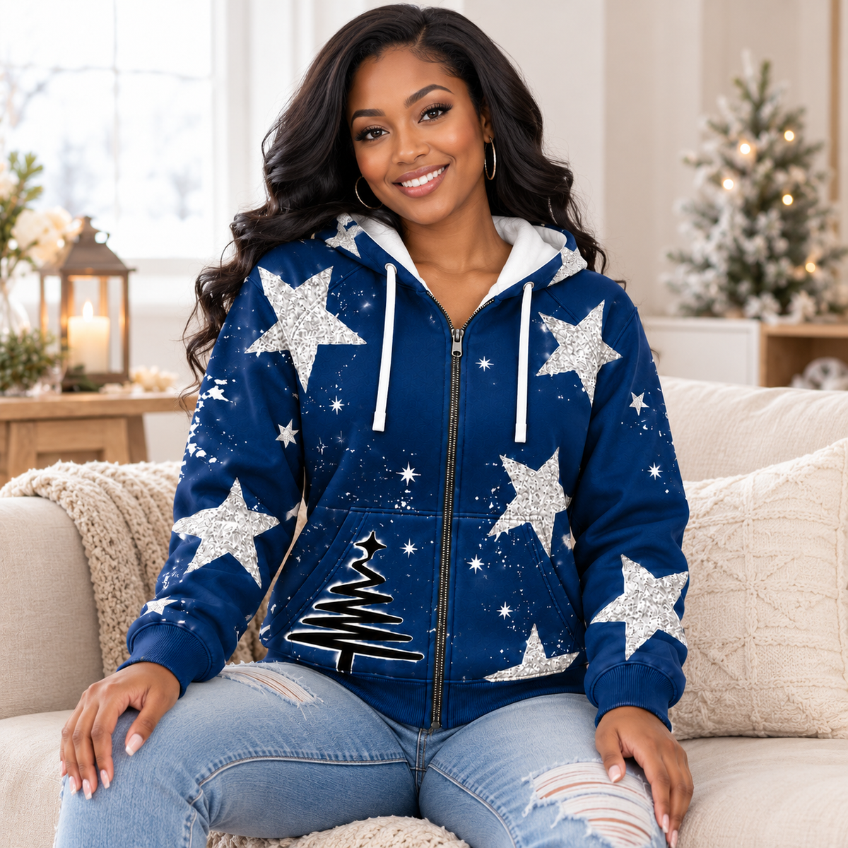 Personalized Navy Silver Star Zip Hoodie