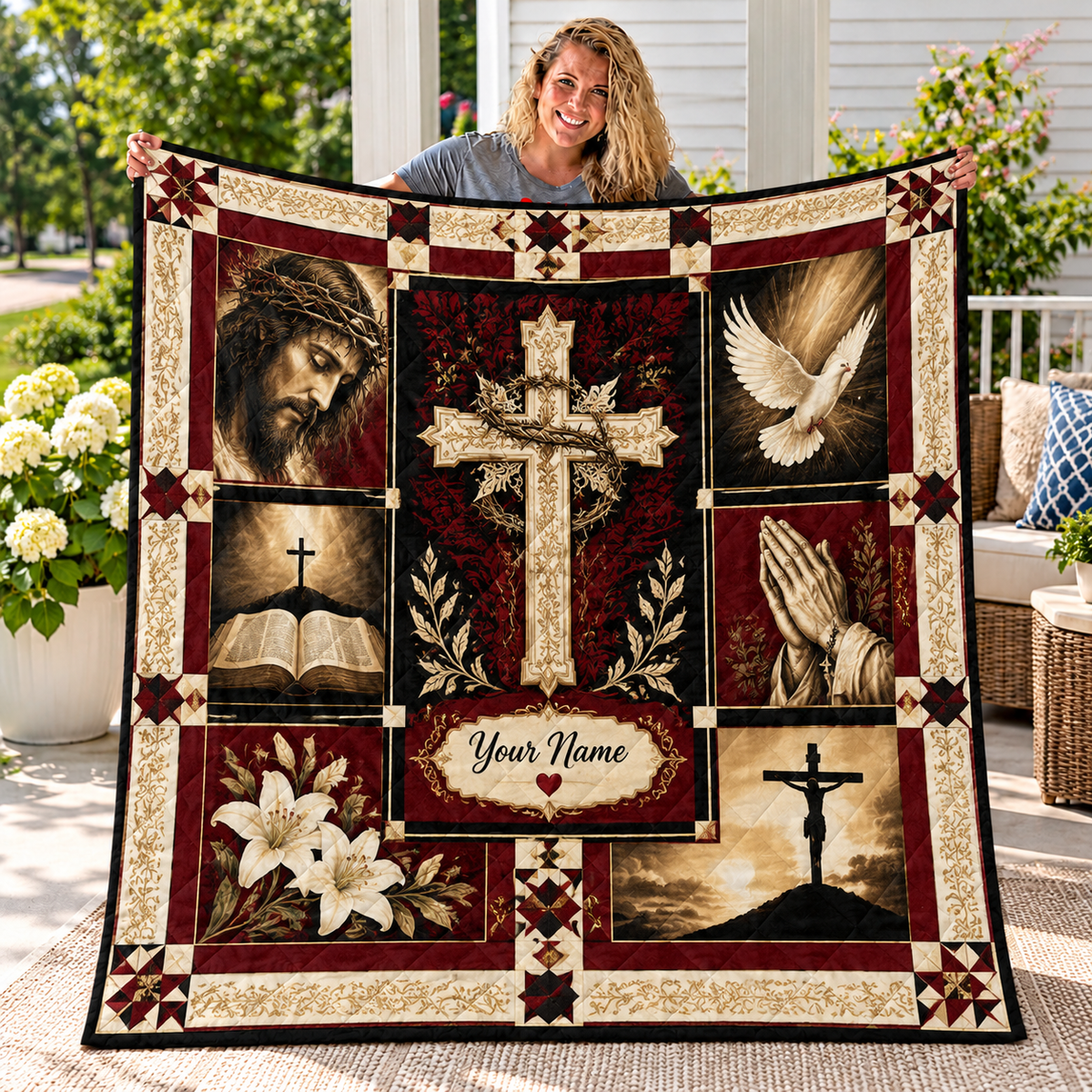 Personalized Burgundy Dove and Lilies Quilt