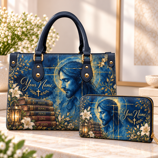 Personalized Blue Gold Portrait PU Leather Handbag & Leather Long Wallet