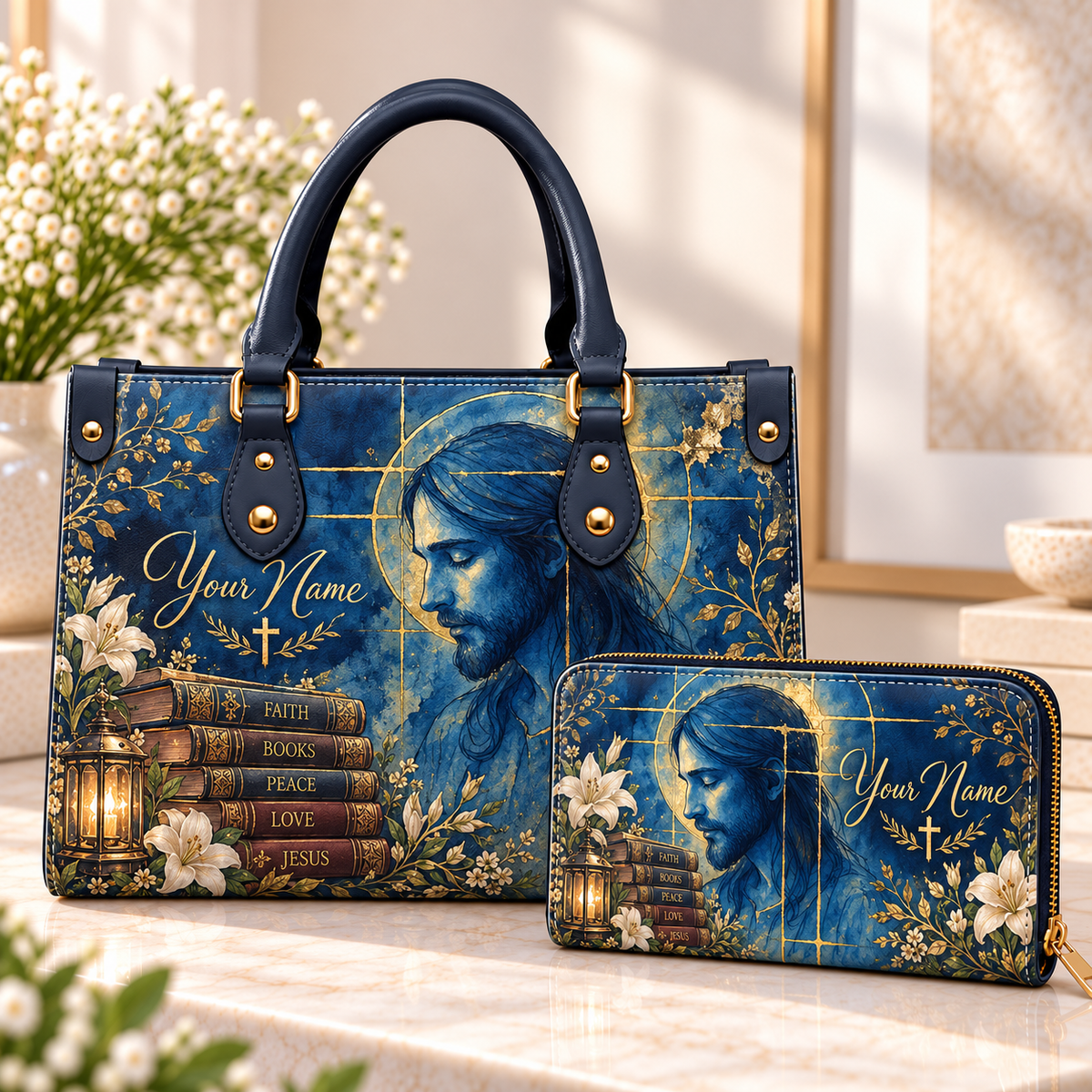 Personalized Blue Gold Portrait PU Leather Handbag & Leather Long Wallet