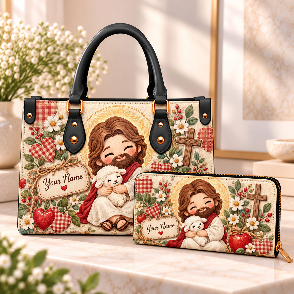 Personalized Smiling Shepherd Hugging Lamb PU Leather Handbag & Leather Long Wallet
