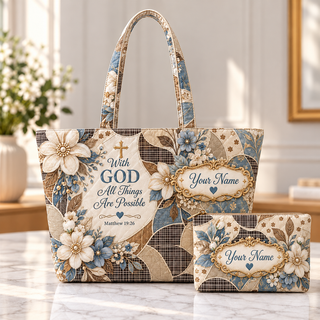 Personalized Blue Floral Patchwork Quilted Shoulder Bag & Storage Bag