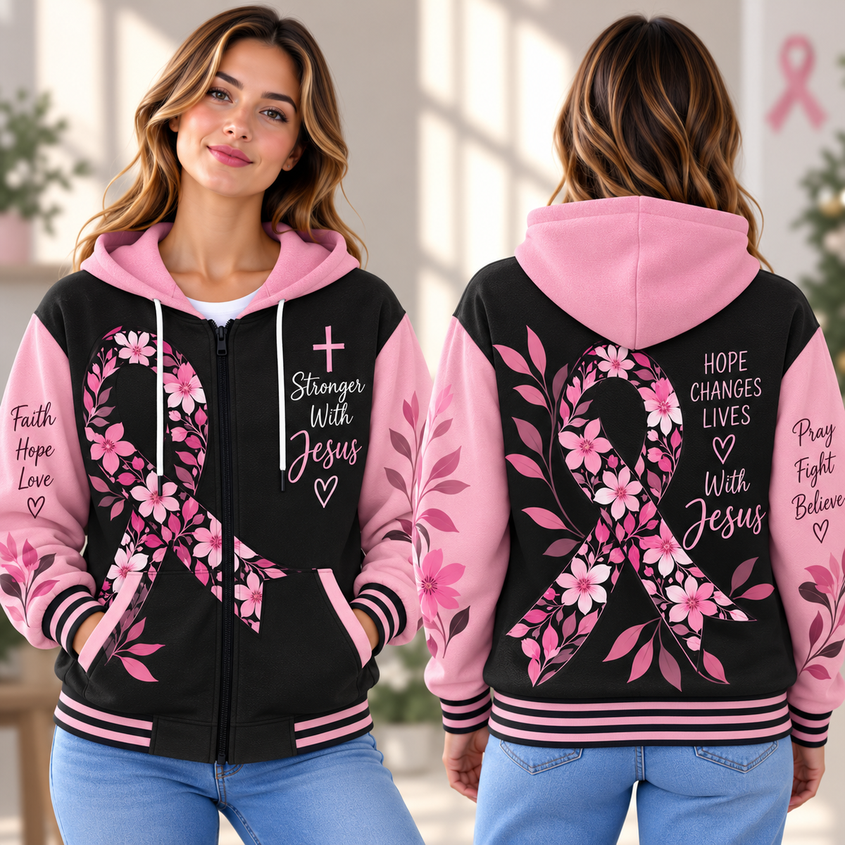 Black Pink Floral Ribbon Zip-up Baseball Jacket