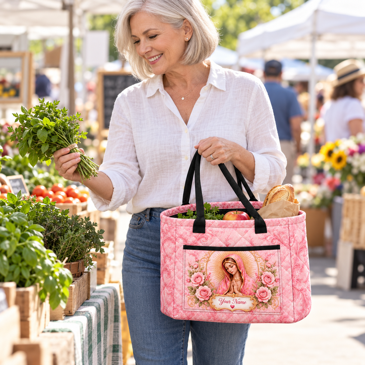Personalized Pink Rose Portrait Quilted Storage Basket