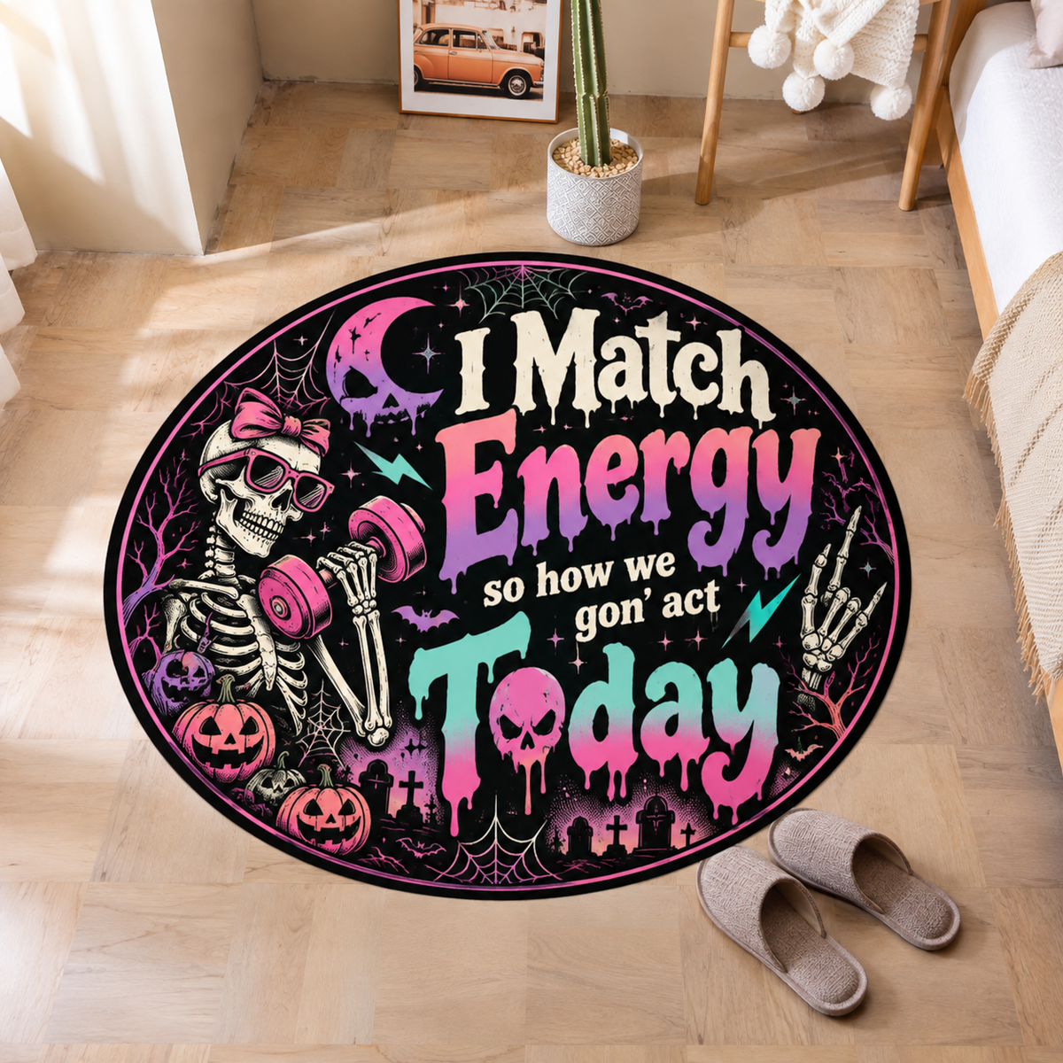 I Match Energy Skeleton Halloween Round Rug