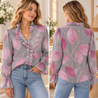 Pink Leaf Gray V-Neck Lace Trim Shirt
