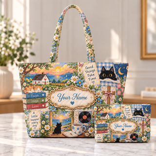 Personalized Cozy Cats & Cottage Quilted Shoulder Bag & Storage Bag