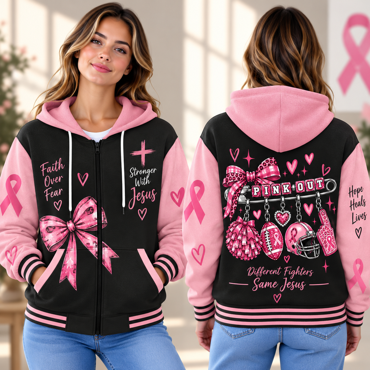 Pink Out Football Bow Zip-up Baseball Jacket
