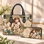 Personalized Sage Floral Shepherd and Lamb PU Leather Handbag & Leather Long Wallet