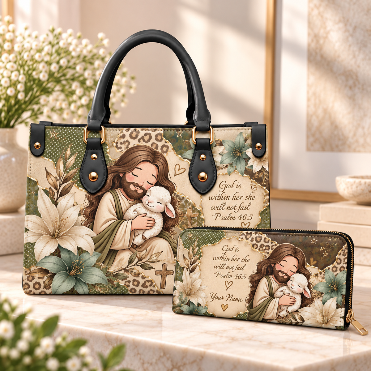 Personalized Sage Floral Shepherd and Lamb PU Leather Handbag & Leather Long Wallet
