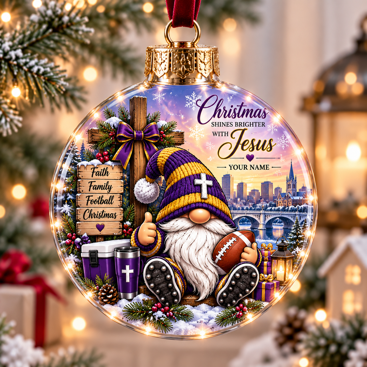 Personalized Purple Gold Thumbs-Up Gnome Christmas Ball Ornament