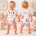 Baby bodysuit with smiling butterfly, chrysalises, pink flowers and Growing in His Perfect Time text