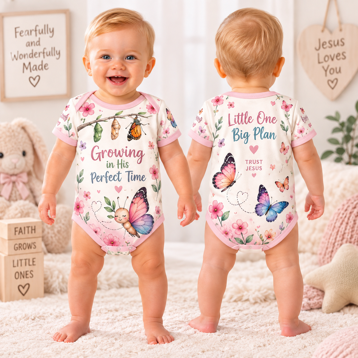 Baby bodysuit with smiling butterfly, chrysalises, pink flowers and Growing in His Perfect Time text