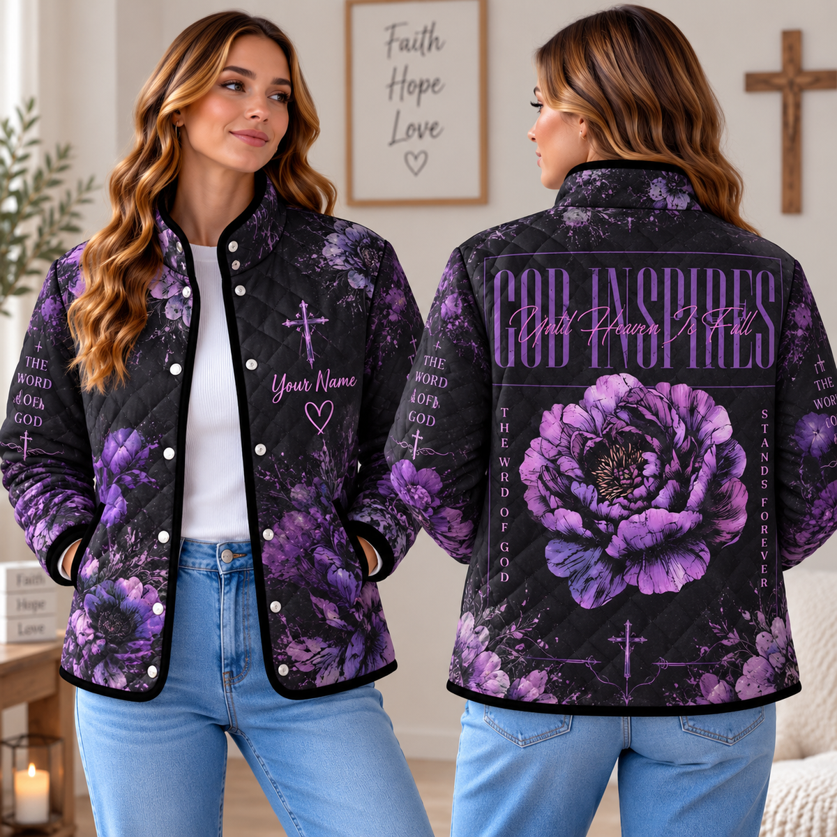 Personalized God Inspires Purple Floral Quilted Jacket