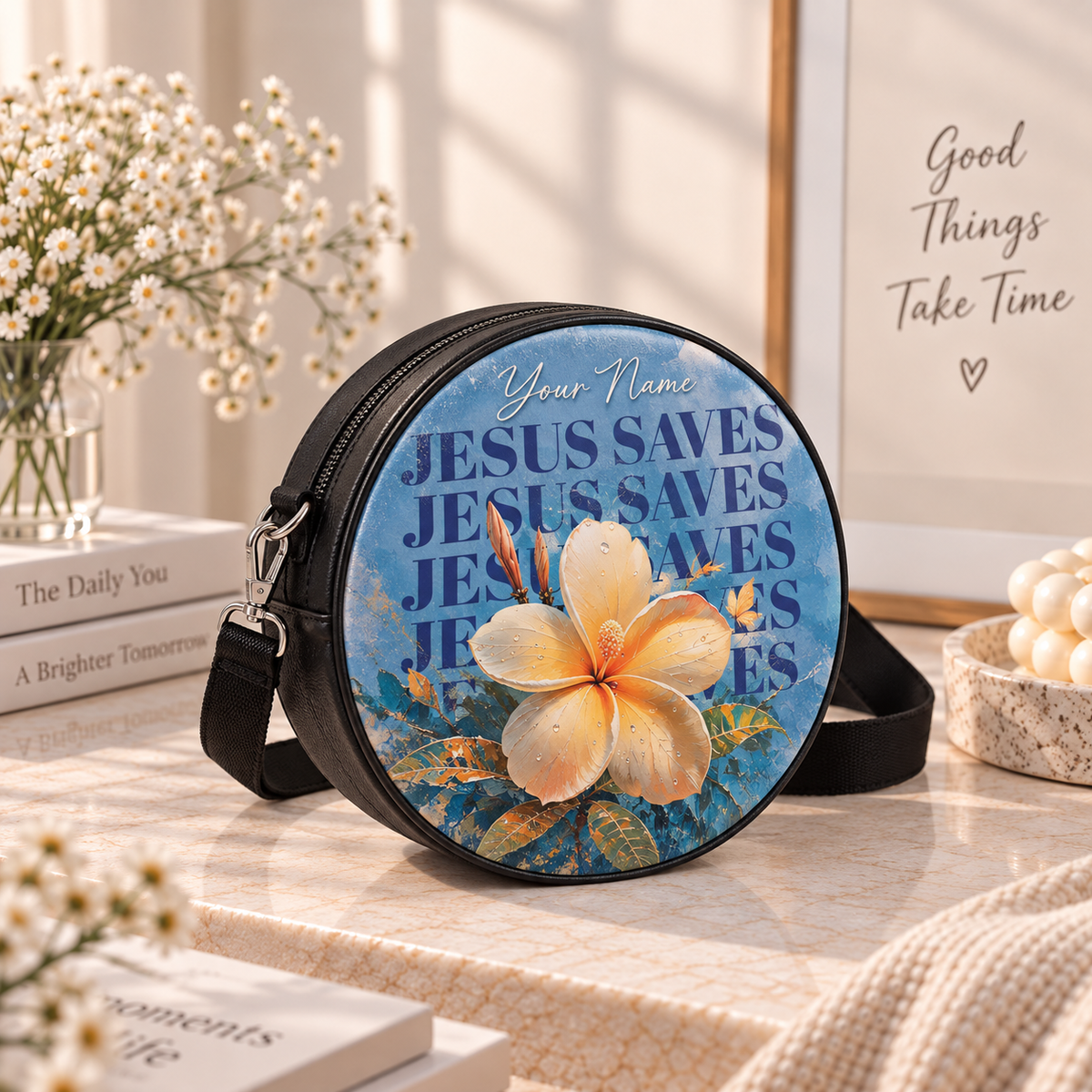 Personalized Jesus Saves Plumeria Leather Round Bag