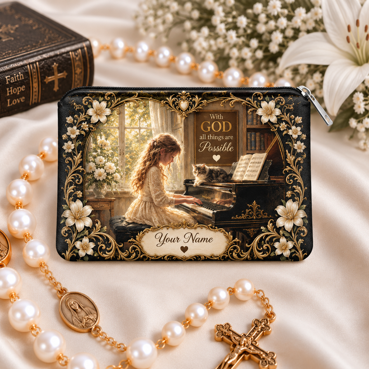Piano Girl and Cat Personalized PU Leather Pouch