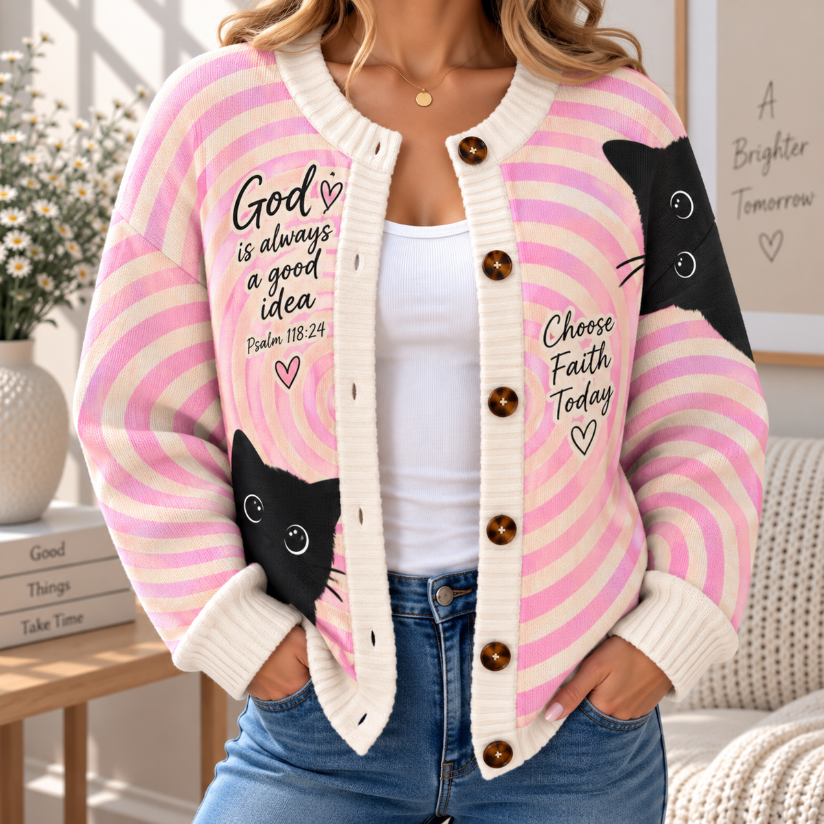 Black Cat Pink Swirl Women's Cardigan Sweater