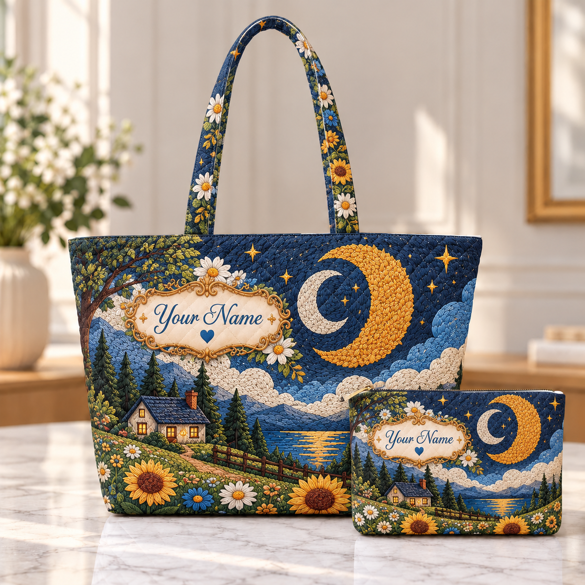 Personalized Moonlit Cottage Quilted Shoulder Bag & Storage Bag