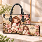 Personalized Pink Lily Shepherd and Lamb PU Leather Handbag & Leather Long Wallet
