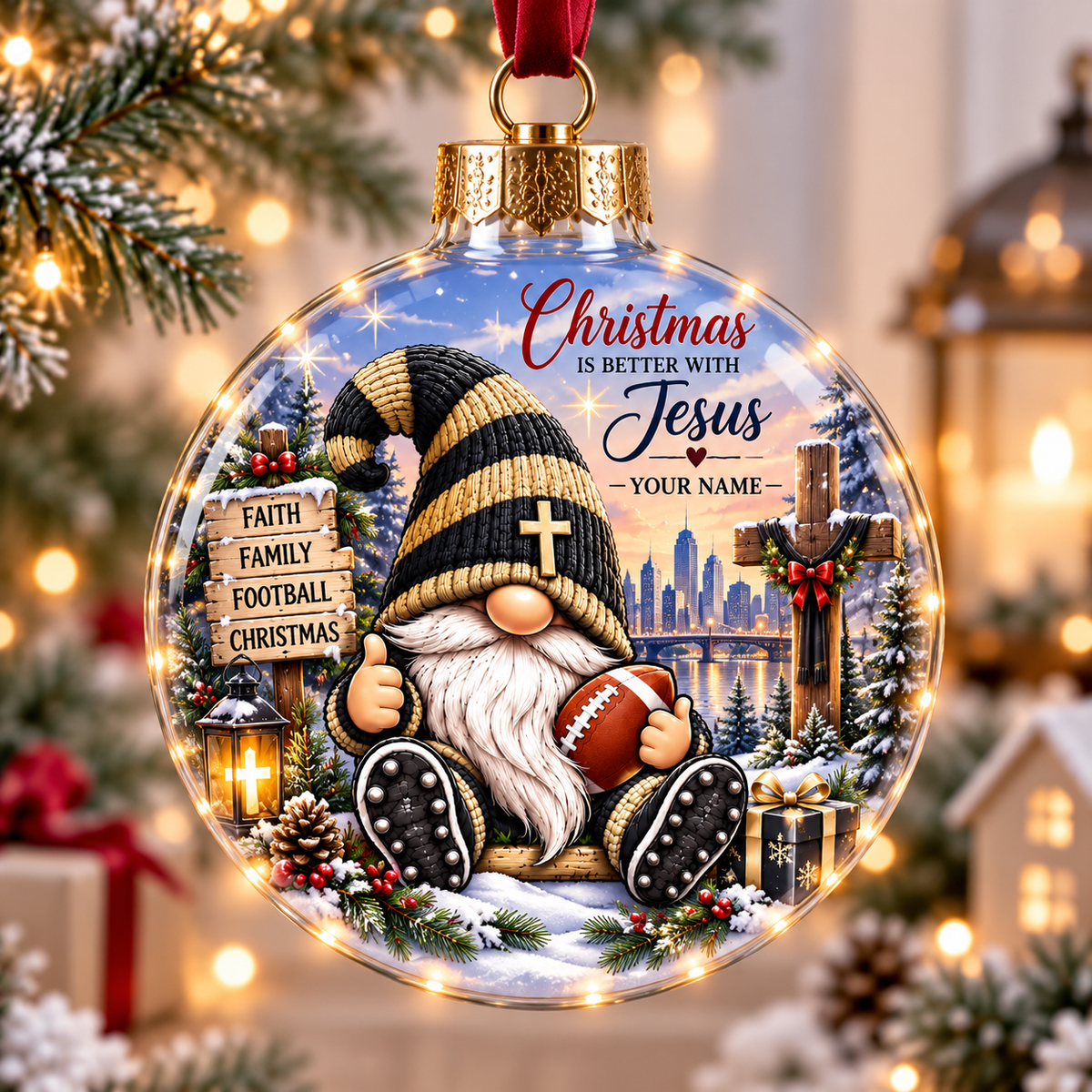 Personalized Black Gold Football Gnome Christmas Ball Ornament