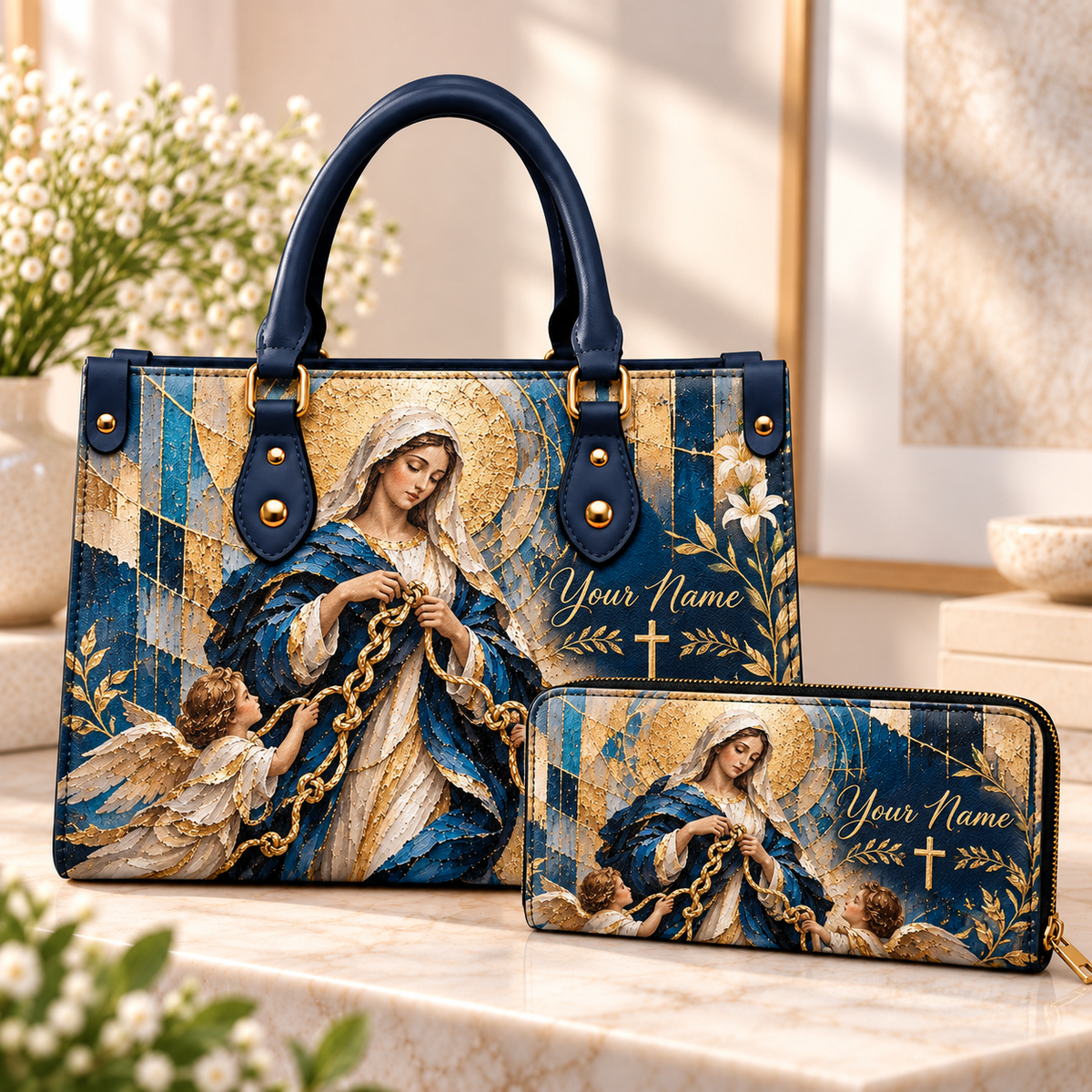 Personalized Blue Ivory Portrait PU Leather Handbag & Leather Long Wallet