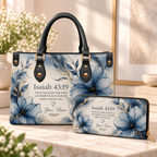 Personalized Blue Watercolor Floral PU Leather Handbag & Leather Long Wallet
