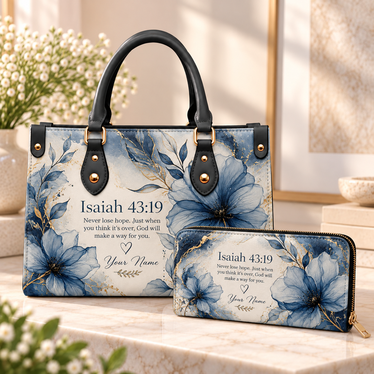Personalized Blue Watercolor Floral PU Leather Handbag & Leather Long Wallet