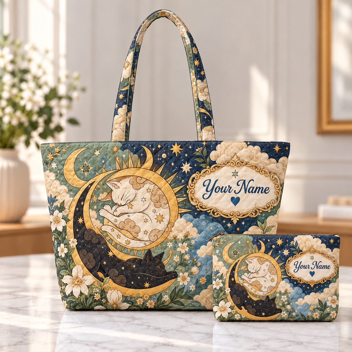 Personalized Celestial Cats Quilted Shoulder Bag & Storage Bag