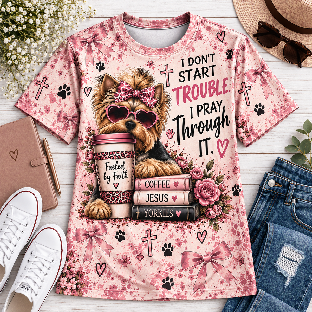 I Don't Start Trouble Yorkie Christian T-Shirt