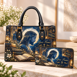 Personalized Moonlit Bookshop Portrait PU Leather Handbag & Leather Long Wallet