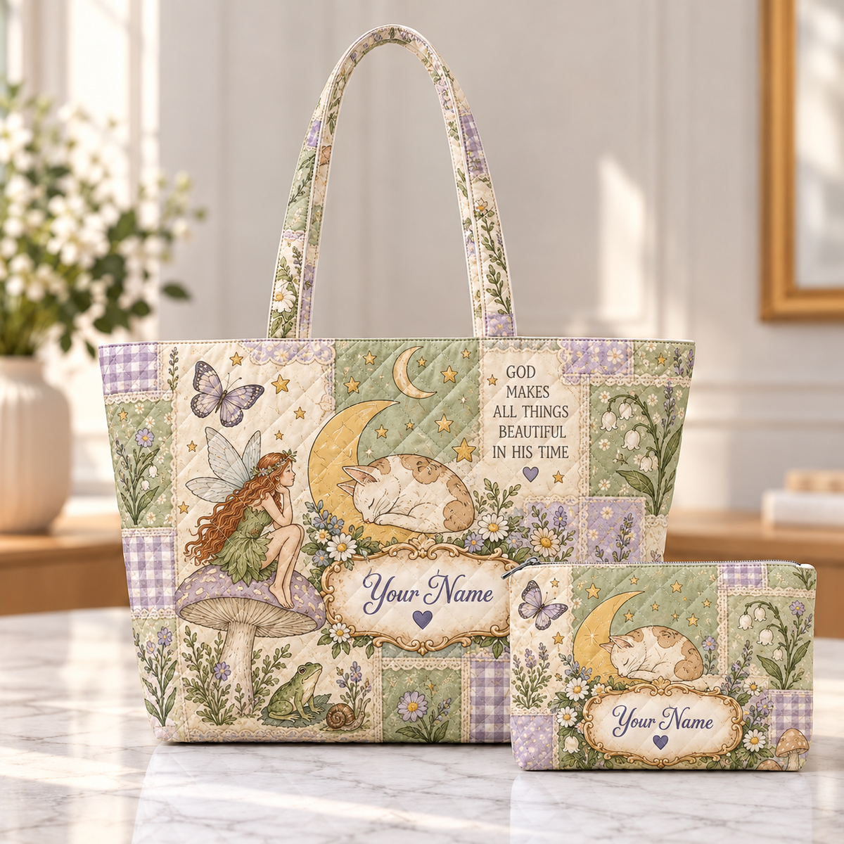 Personalized Fairy & Sleeping Cat Quilted Shoulder Bag & Storage Bag
