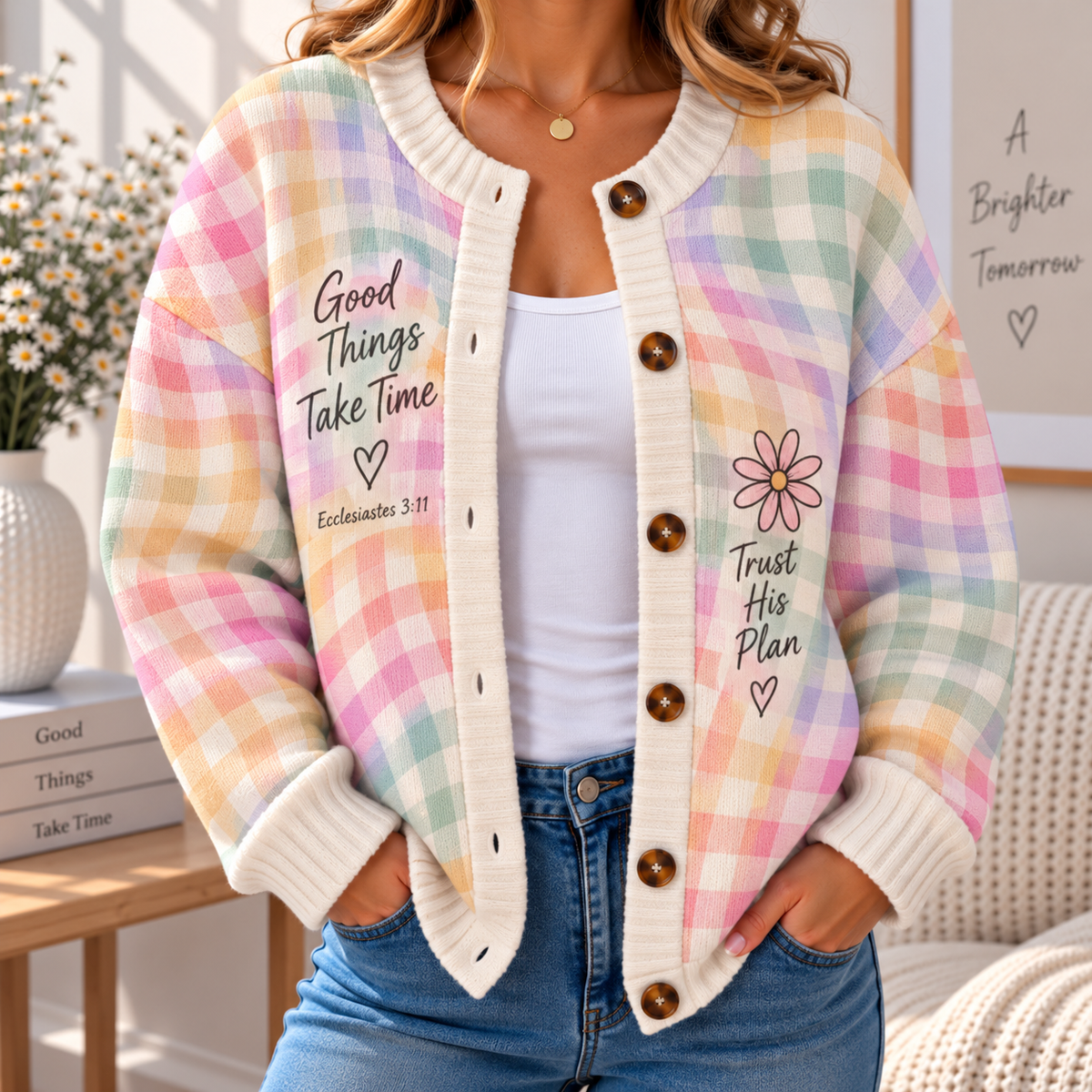 Pastel Gingham Daisy Women's Cardigan Sweater