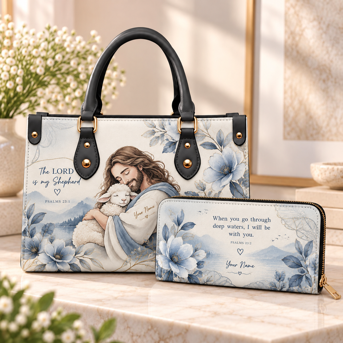 Personalized Blue Floral Shepherd and Lamb PU Leather Handbag & Leather Long Wallet