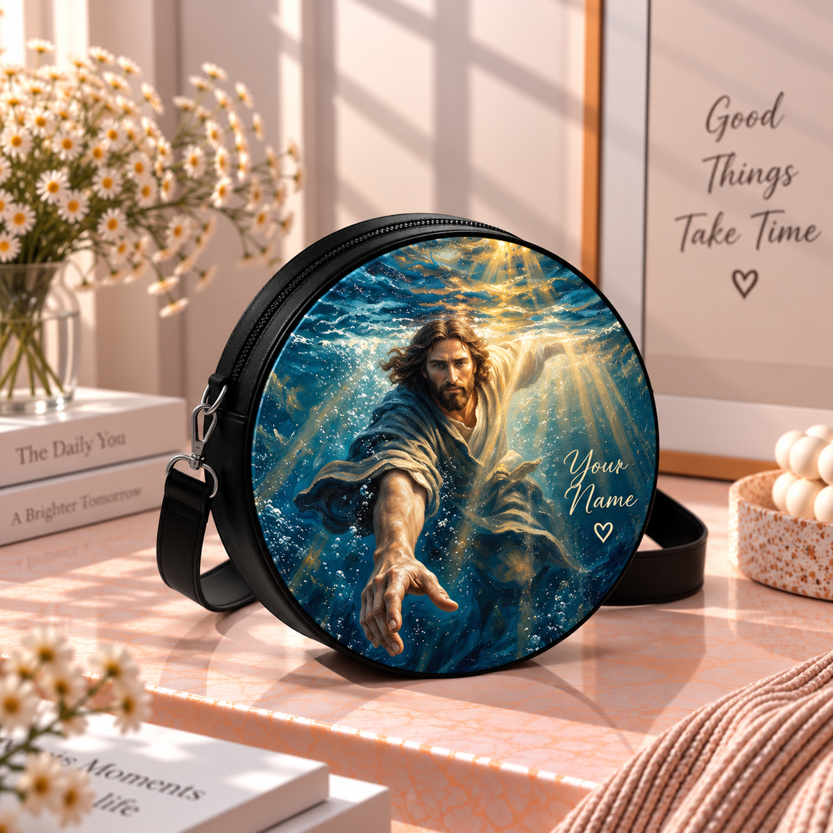 Personalized Jesus Reaching Through Water Leather Round Bag