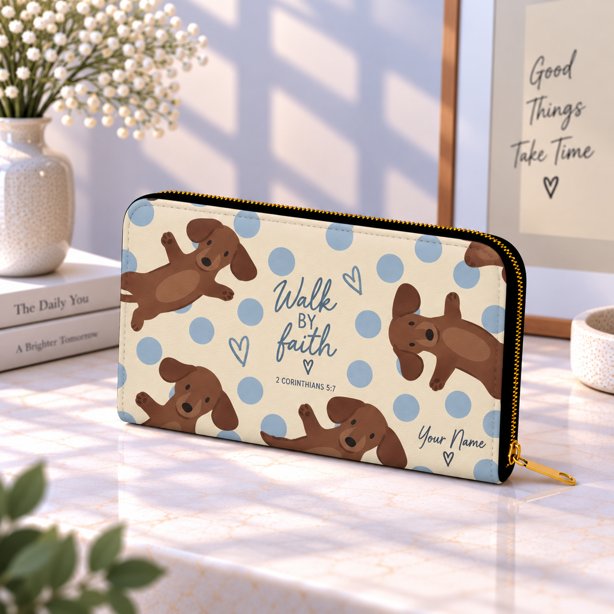 Personalized Brown Puppy PU Leather Long Wallet