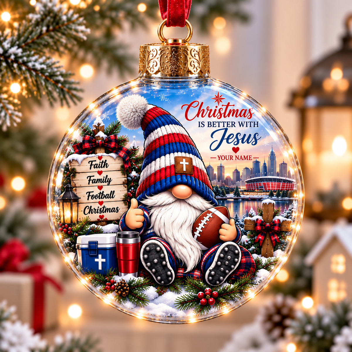 Personalized Red White Blue Stadium Gnome Christmas Ball Ornament