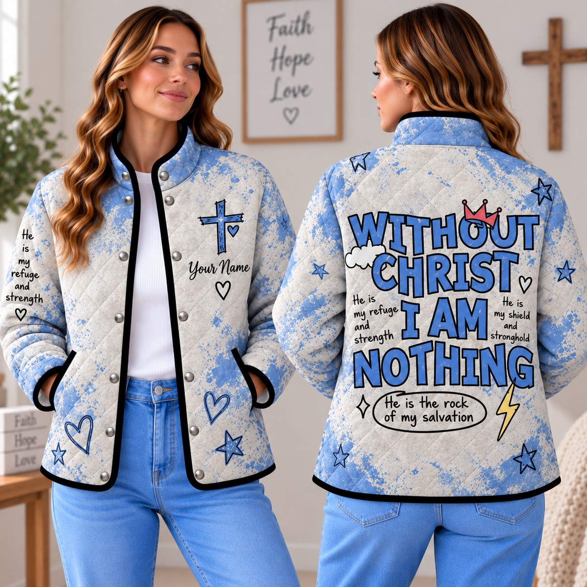 Personalized Blue Doodle Quilted Jacket