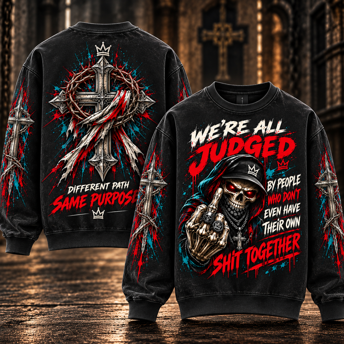 We're All Judged – Sarcastic Hooded Skull Sweatshirt
