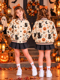 Black Cat Pumpkin Print Kids Baseball Jacket